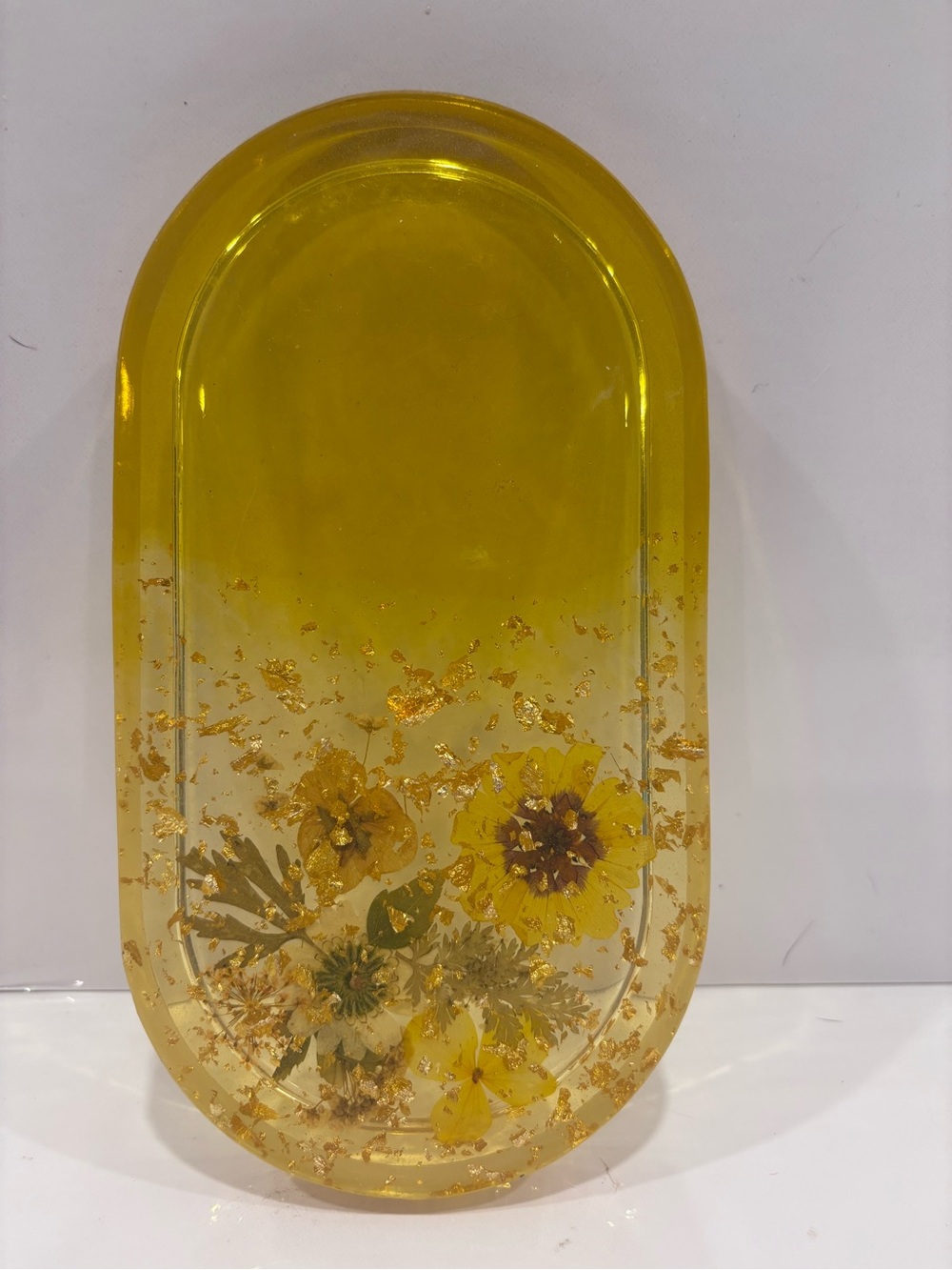 Vintage pressed flower resin trinket tray with gold leaf - amber lucite catchall